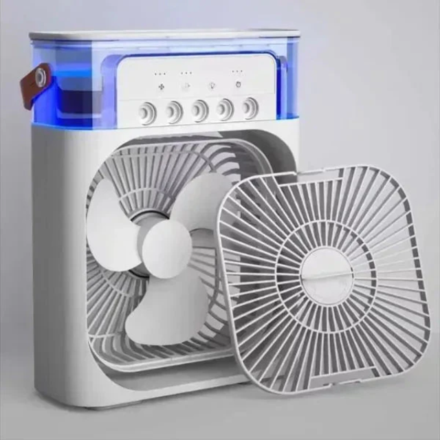 Mini Ventilador e Umidificador de Ar Portátil 3 em 1 (Luz LED 7 cores + Recipiente de Gelo)